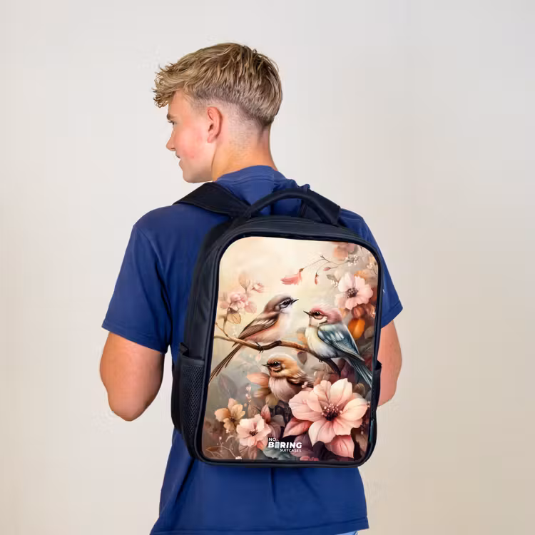 Kids backpack - Black - Birds with pink flowers — 5