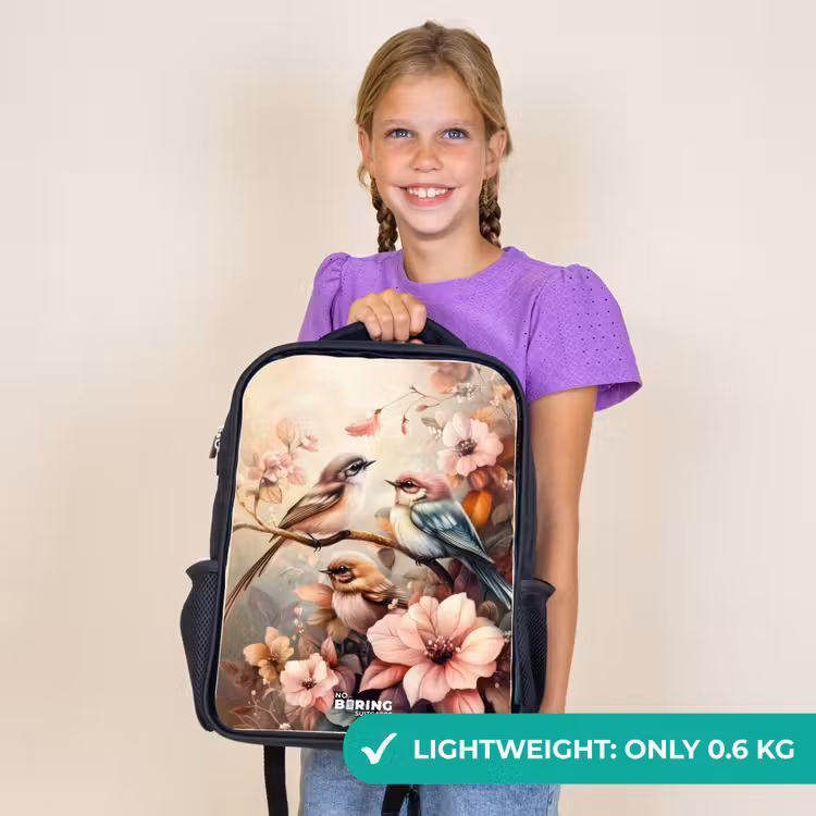 Kids backpack - Black - Birds with pink flowers — 9