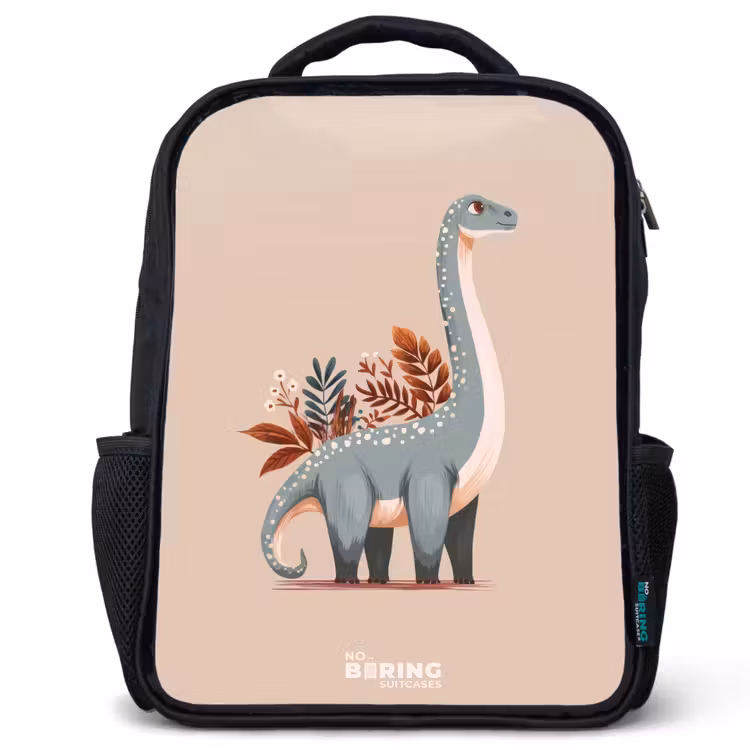 Kids backpack - Black - Blue dinosaur on a beige background — 1