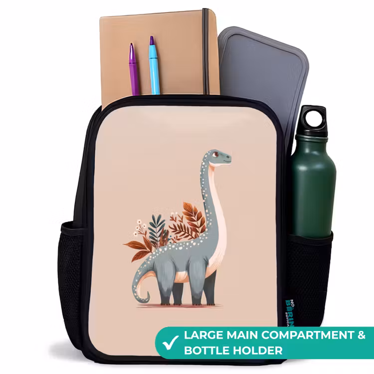 Kids backpack - Black - Blue dinosaur on a beige background — 10