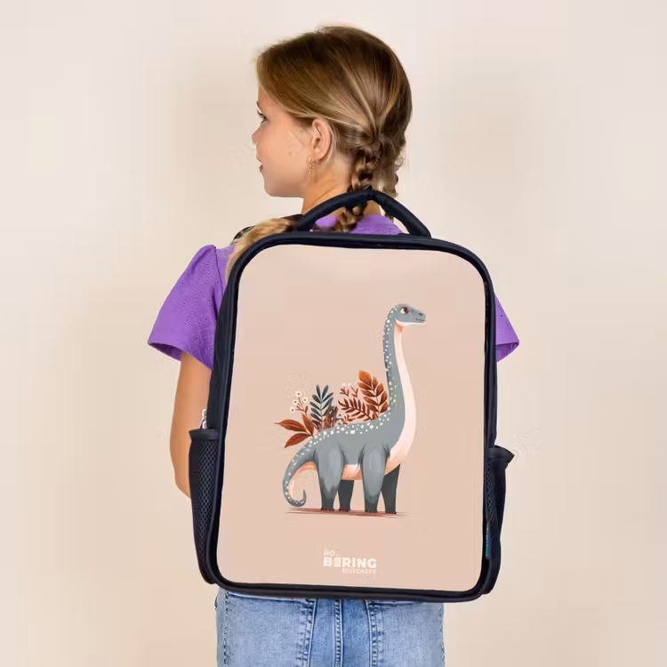 Kids backpack - Black - Blue dinosaur on a beige background — 4