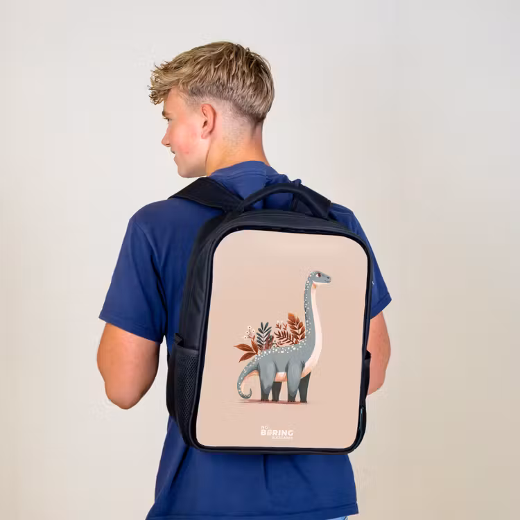 Kids backpack - Black - Blue dinosaur on a beige background — 5