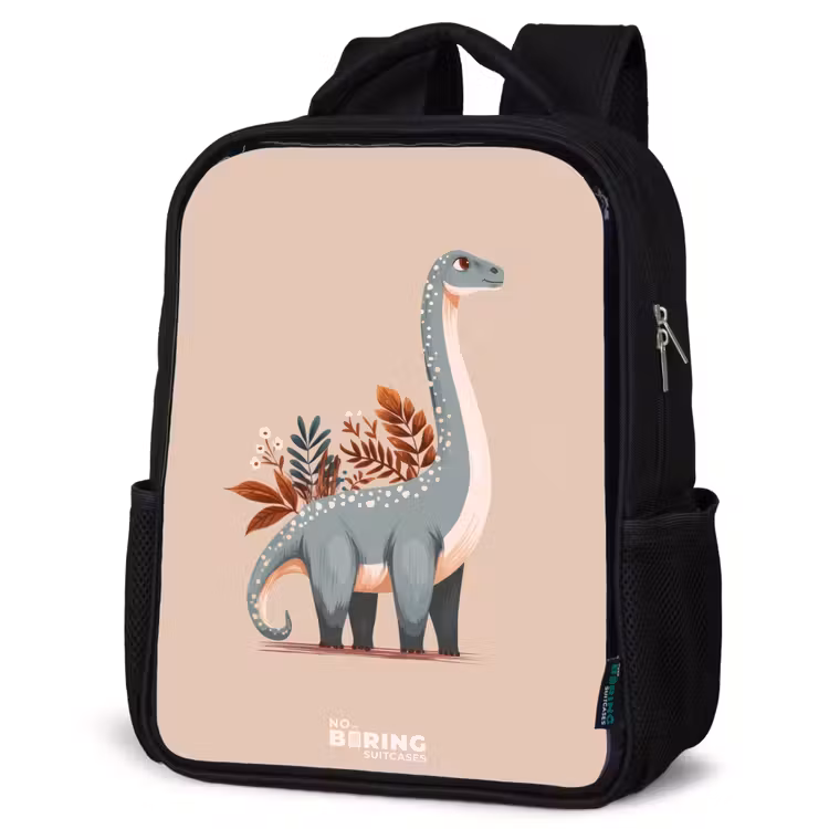 Kids backpack - Black - Blue dinosaur on a beige background — 6