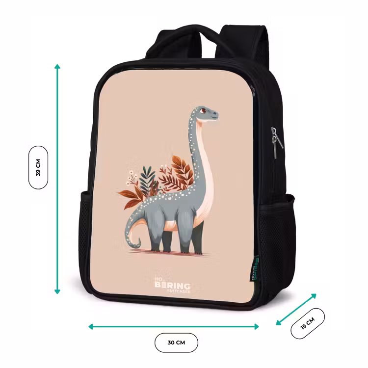 Kids backpack - Black - Blue dinosaur on a beige background — 8