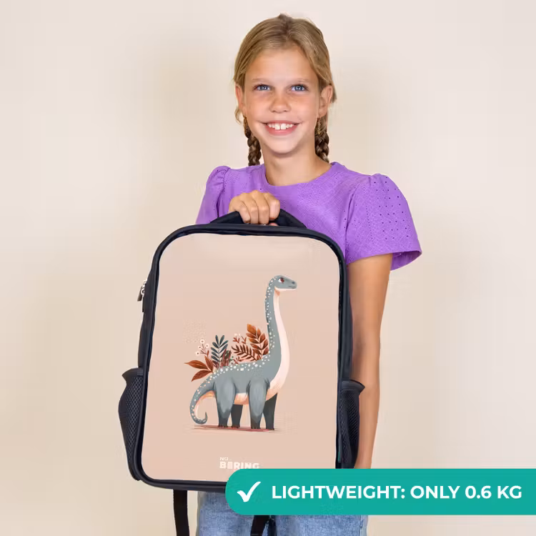 Kids backpack - Black - Blue dinosaur on a beige background — 9
