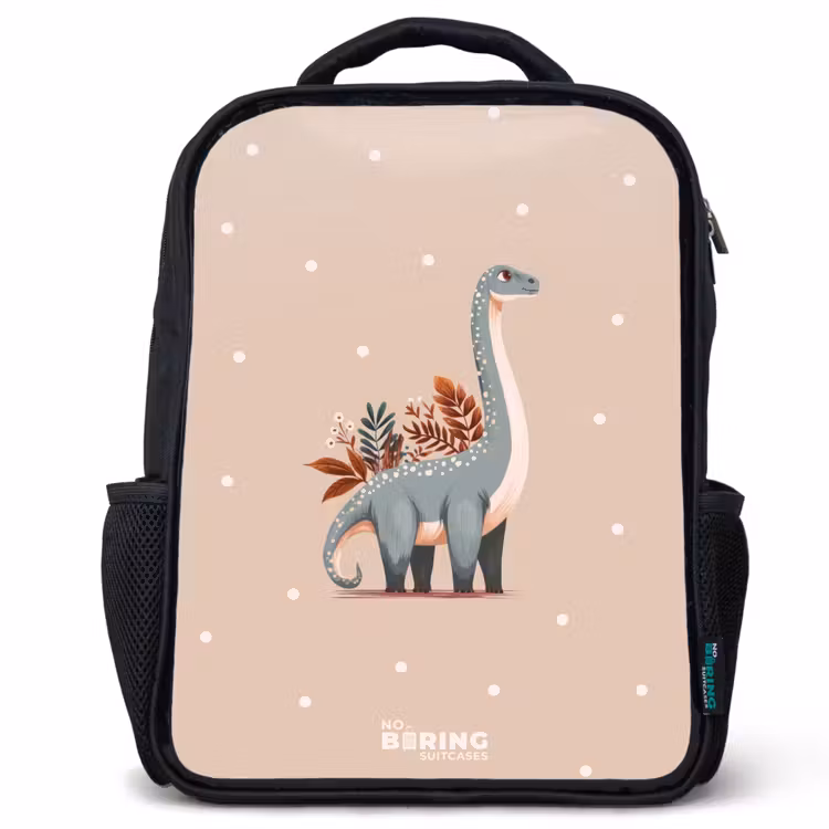 Kids backpack - Black - Blue dinosaur on a beige polka dot background — 1