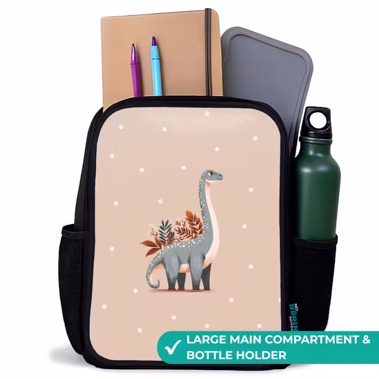 Kids backpack - Black - Blue dinosaur on a beige polka dot background — 10