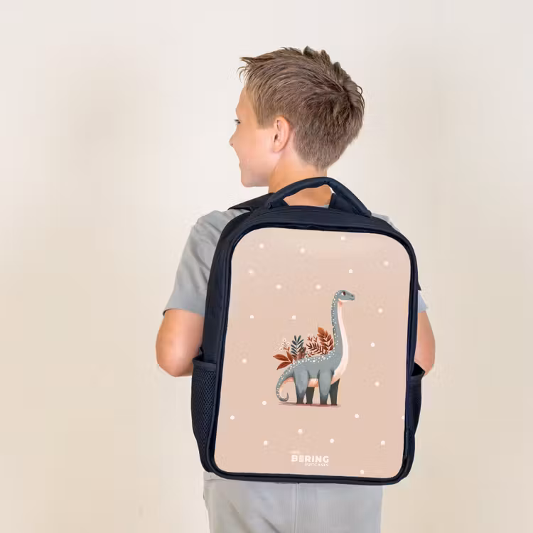 Kids backpack - Black - Blue dinosaur on a beige polka dot background — 2