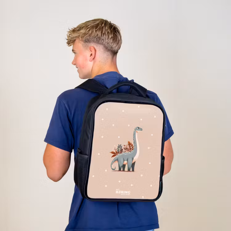 Kids backpack - Black - Blue dinosaur on a beige polka dot background — 5