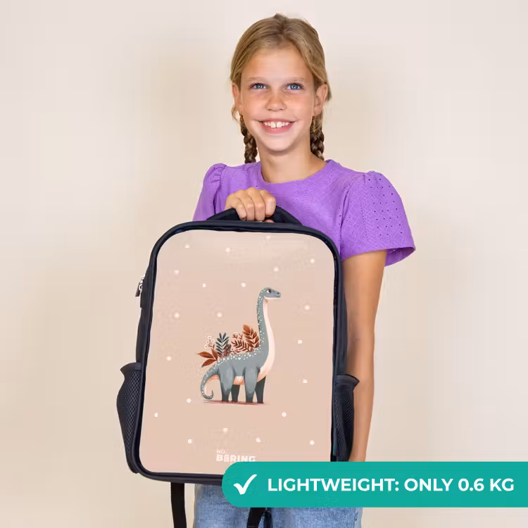 Kids backpack - Black - Blue dinosaur on a beige polka dot background — 9