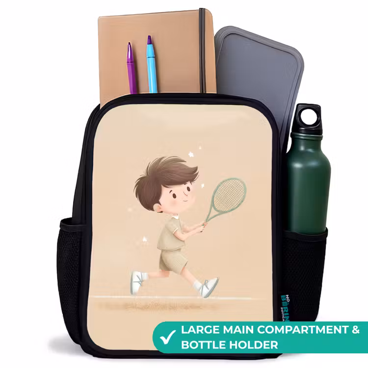 Kids backpack - Black - Boy plays tennis on sand-colored background — 10