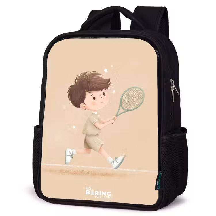 Kids backpack - Black - Boy plays tennis on sand-colored background — 6