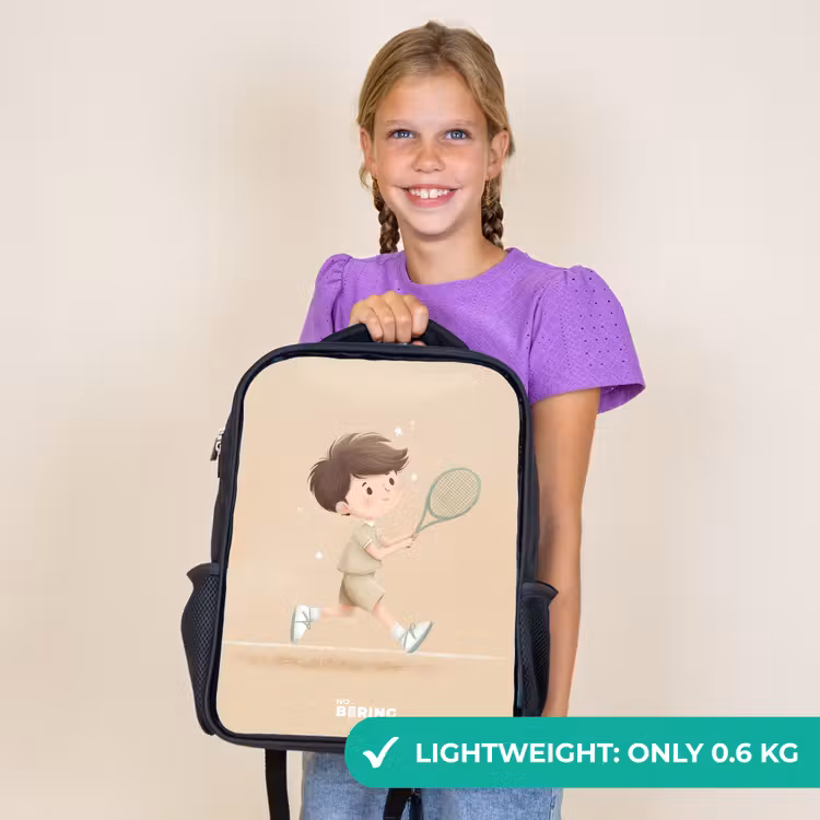 Kids backpack - Black - Boy plays tennis on sand-colored background — 9