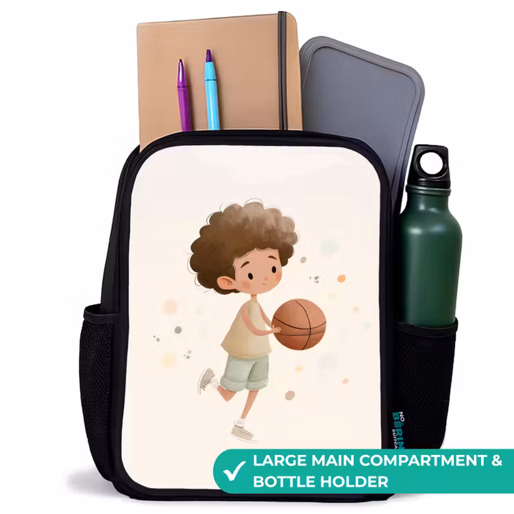 Kids backpack - Black - Boy with a basketball in beige colors — 10