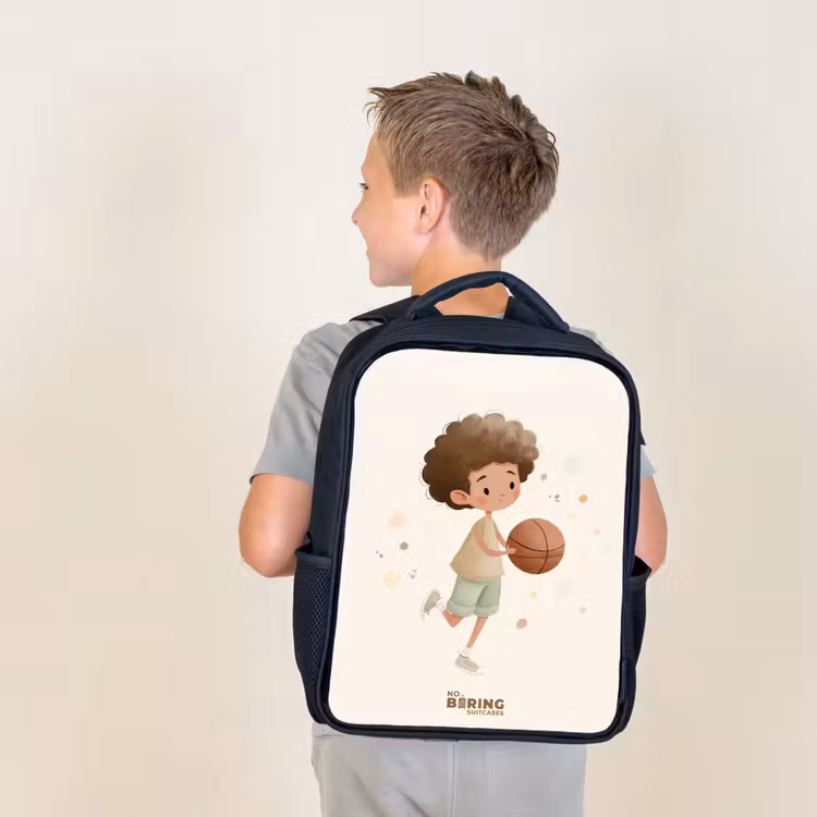 Kids backpack - Black - Boy with a basketball in beige colors — 2