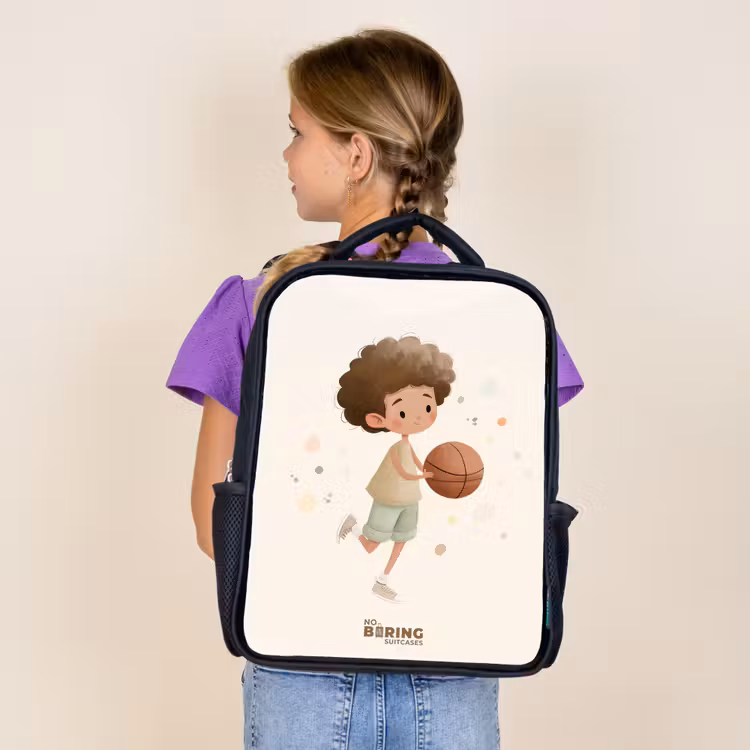 Kids backpack - Black - Boy with a basketball in beige colors — 4