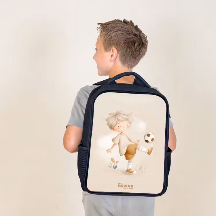 Kids backpack - Black - Boy with a soccer ball in beige colors — 2
