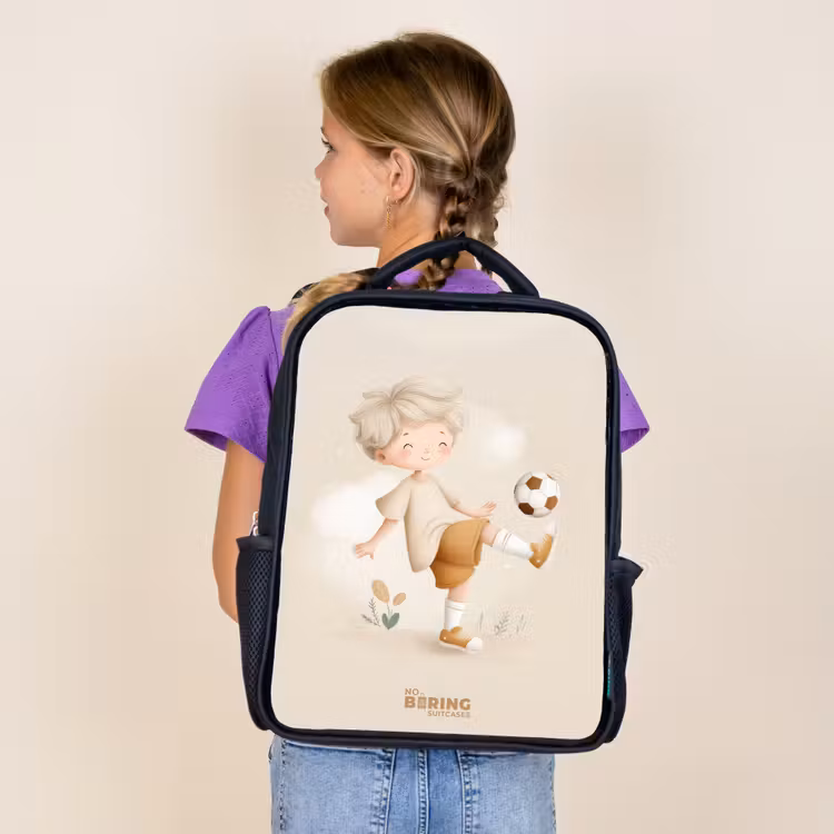 Kids backpack - Black - Boy with a soccer ball in beige colors — 4