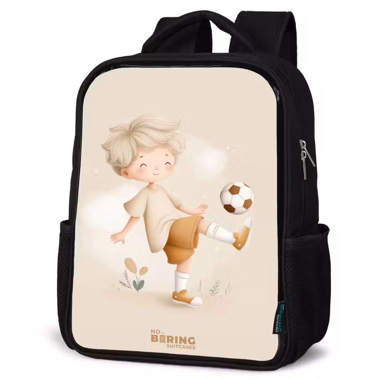 Kids backpack - Black - Boy with a soccer ball in beige colors — 6