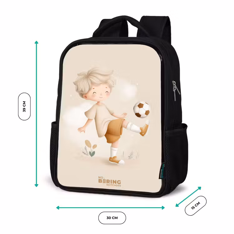 Kids backpack - Black - Boy with a soccer ball in beige colors — 8