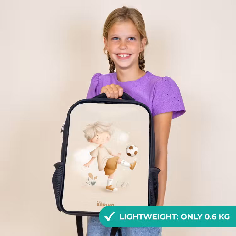 Kids backpack - Black - Boy with a soccer ball in beige colors — 9
