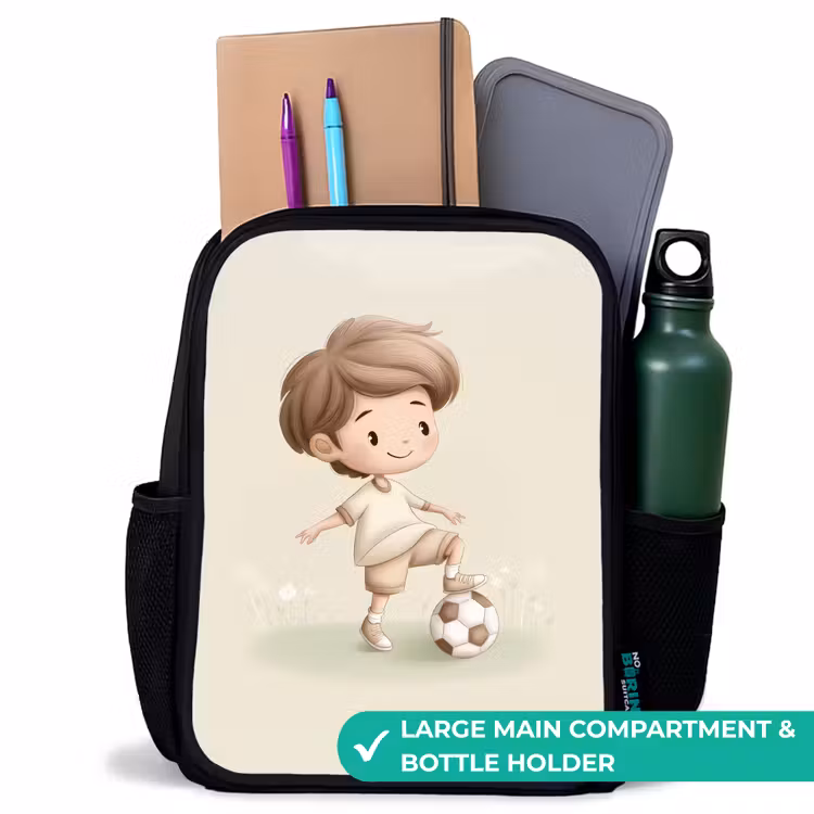 Kids backpack - Black - Boy with a soccer ball in brown shades — 10