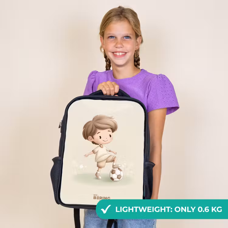 Kids backpack - Black - Boy with a soccer ball in brown shades — 9