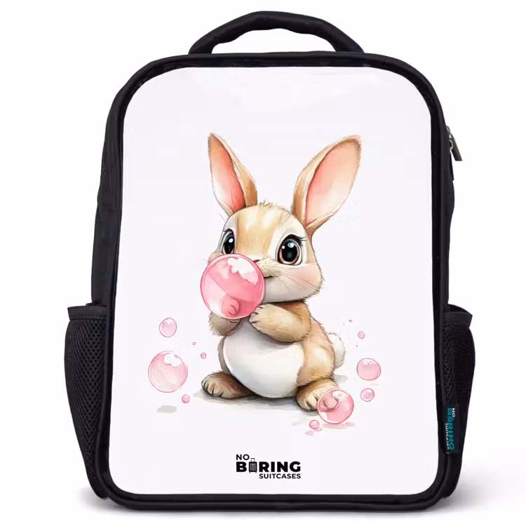 Kids backpack - Black - Brown bunny with pink bubbles — 1