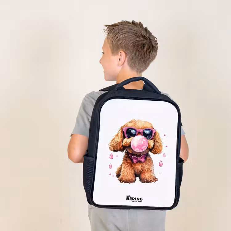 Kids backpack - Black - Brown dog with pink glasses and gumball — 2