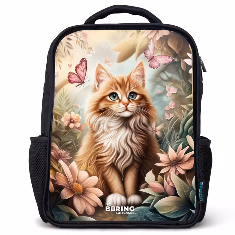 Kids backpack - Black - Cat in field of flowers with pink butterflies. — 1