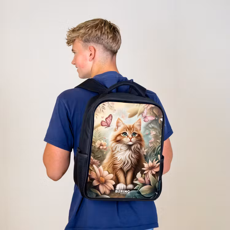 Kids backpack - Black - Cat in field of flowers with pink butterflies. — 5