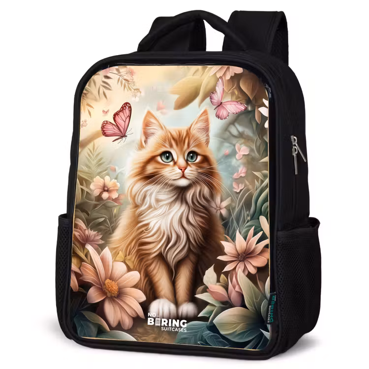 Kids backpack - Black - Cat in field of flowers with pink butterflies. — 6
