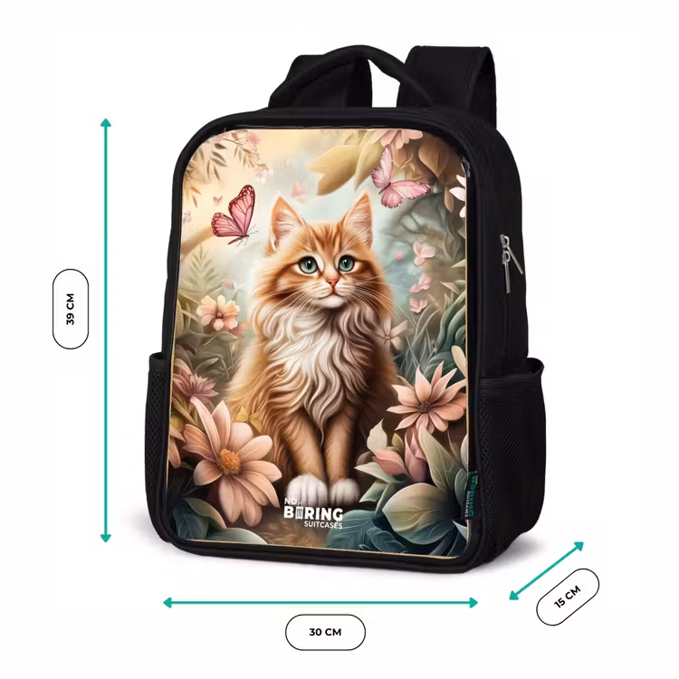 Kids backpack - Black - Cat in field of flowers with pink butterflies. — 8