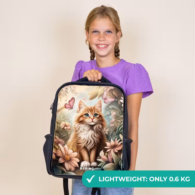 Kids backpack - Black - Cat in field of flowers with pink butterflies. — 9