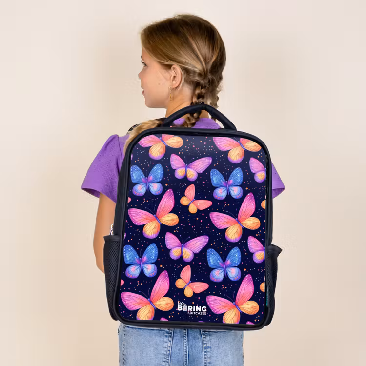 Kids backpack - Black - Colorful butterflies in pink and blue — 4