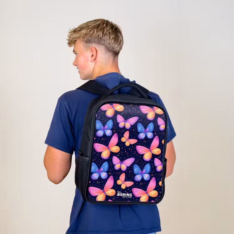 Kids backpack - Black - Colorful butterflies in pink and blue — 5