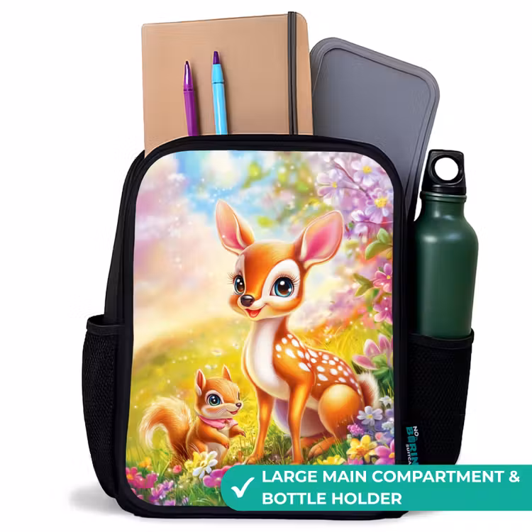 Kids backpack - Black - Deer and squirrel in colorful field of flowers — 10