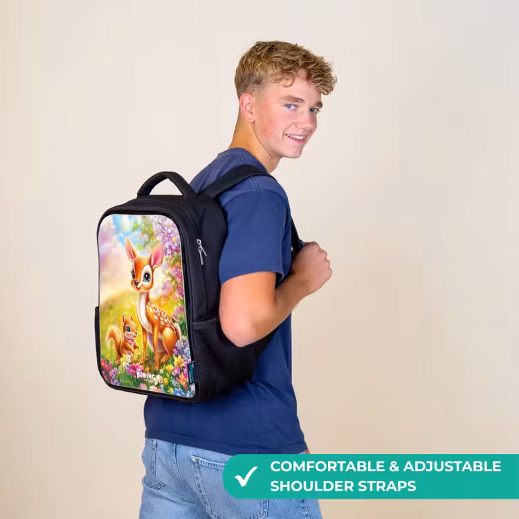 Kids backpack - Black - Deer and squirrel in colorful field of flowers — 11