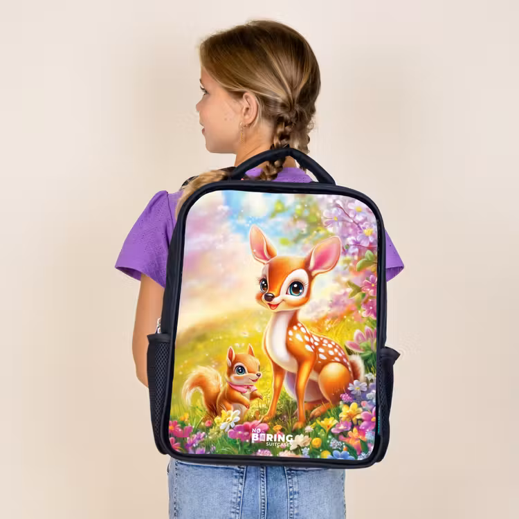 Kids backpack - Black - Deer and squirrel in colorful field of flowers — 4