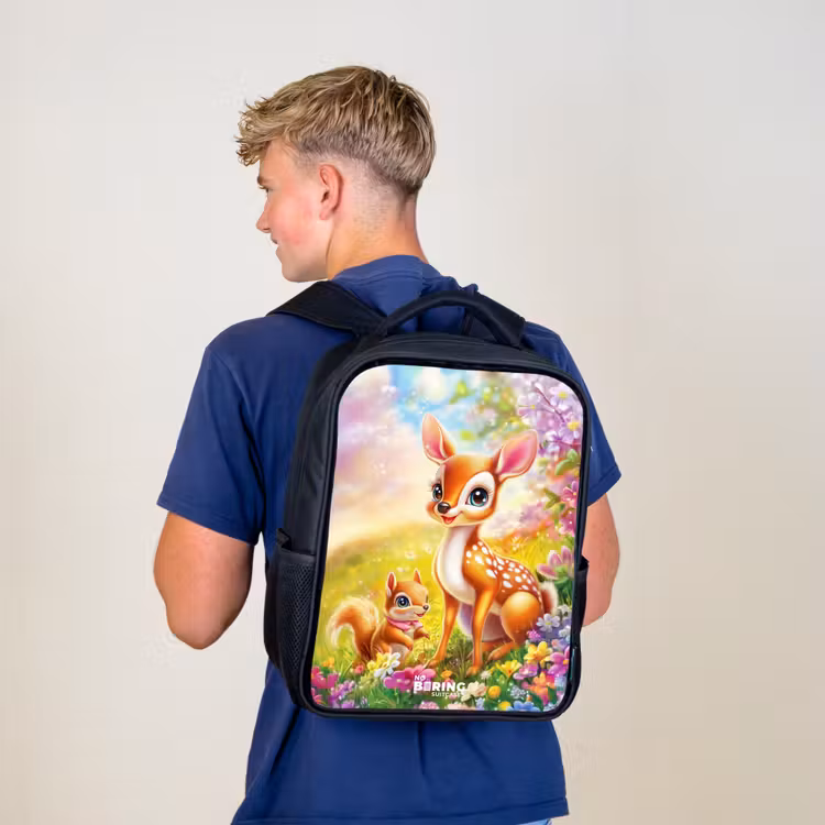 Kids backpack - Black - Deer and squirrel in colorful field of flowers — 5