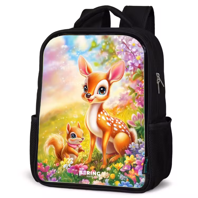 Kids backpack - Black - Deer and squirrel in colorful field of flowers — 6