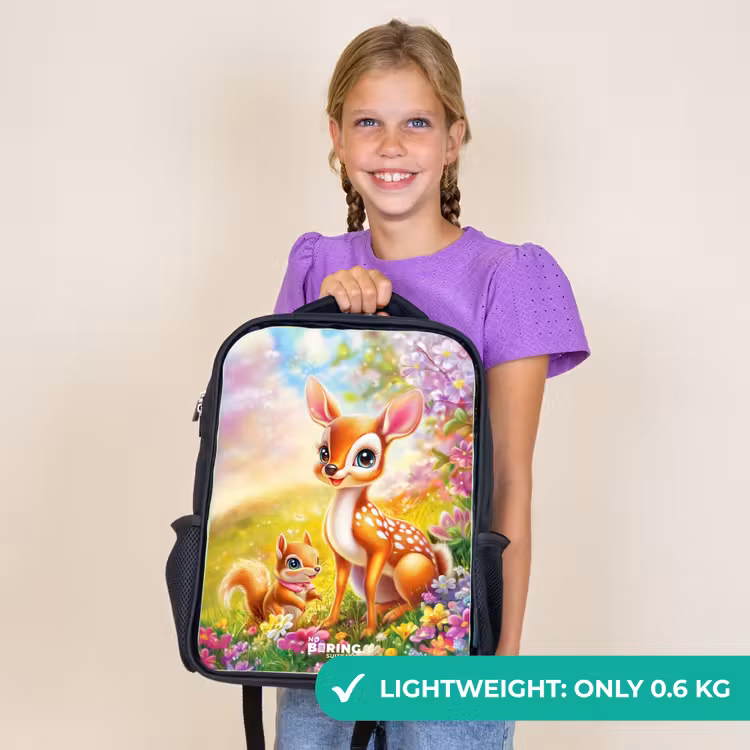 Kids backpack - Black - Deer and squirrel in colorful field of flowers — 9