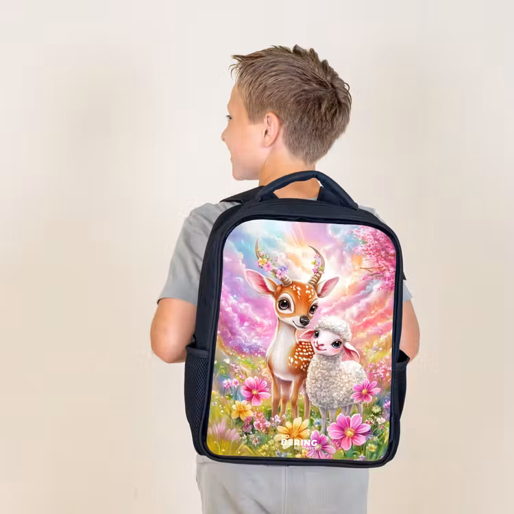 Kids backpack - Black - Deer with a lamb in pastel flower field — 2