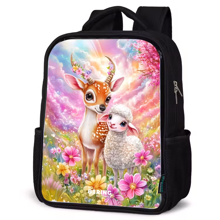 Kids backpack - Black - Deer with a lamb in pastel flower field — 6