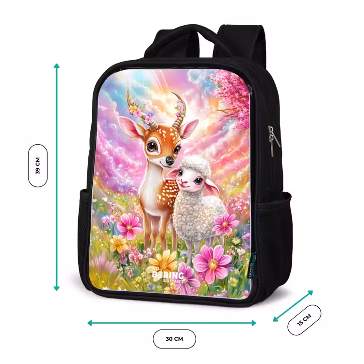 Kids backpack - Black - Deer with a lamb in pastel flower field — 8