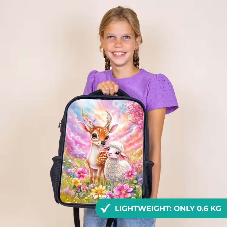 Kids backpack - Black - Deer with a lamb in pastel flower field — 9