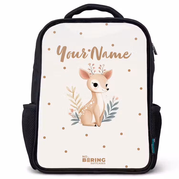 Kids backpack - Black - Deer with plants in a field of dots — 1