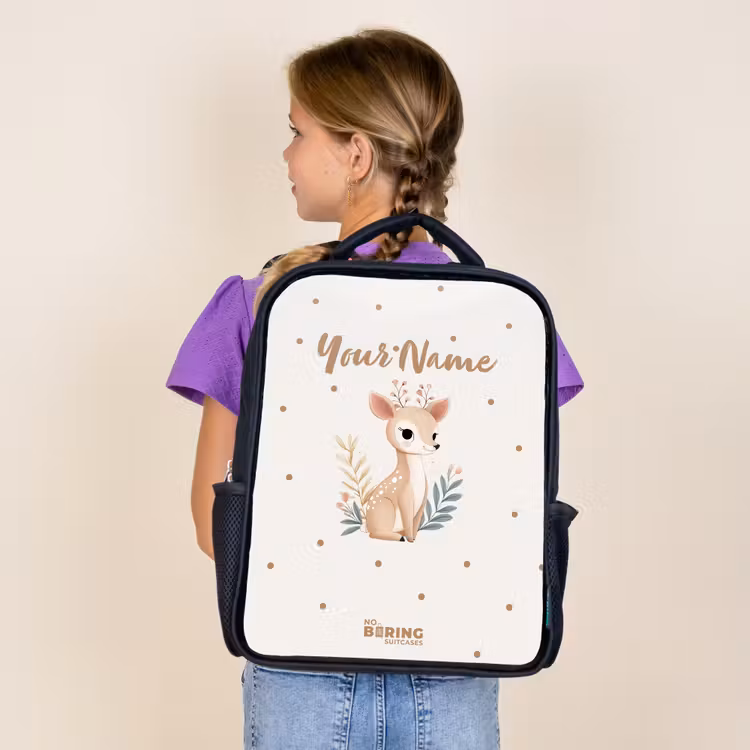Kids backpack - Black - Deer with plants in a field of dots — 4