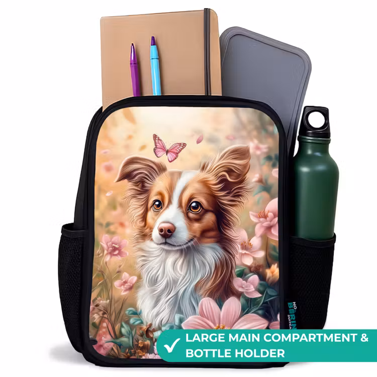 Kids backpack - Black - Dog in field of flowers with butterflies — 10