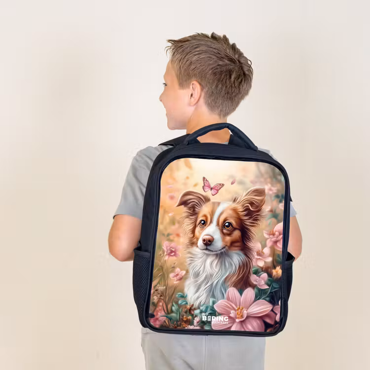 Kids backpack - Black - Dog in field of flowers with butterflies — 2